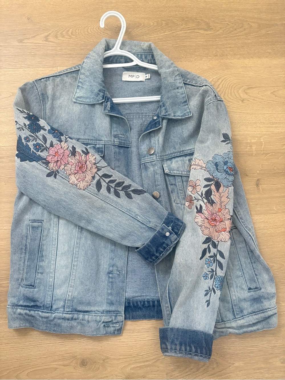 MPD Light Blue Embroidered Denim Jacket - Floral Sleeve Detail